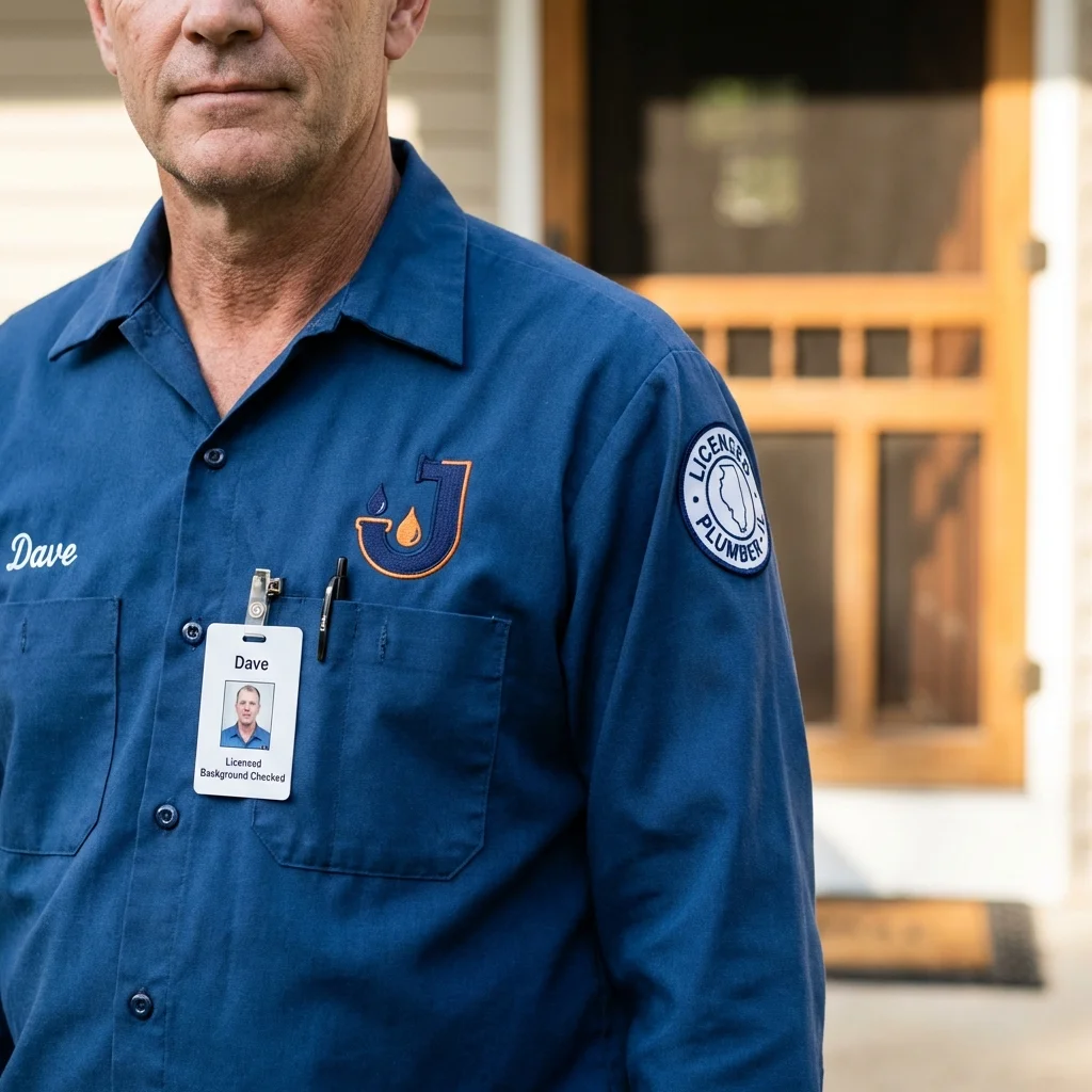Licensed plumber showing ID badge in Fairfield, IA