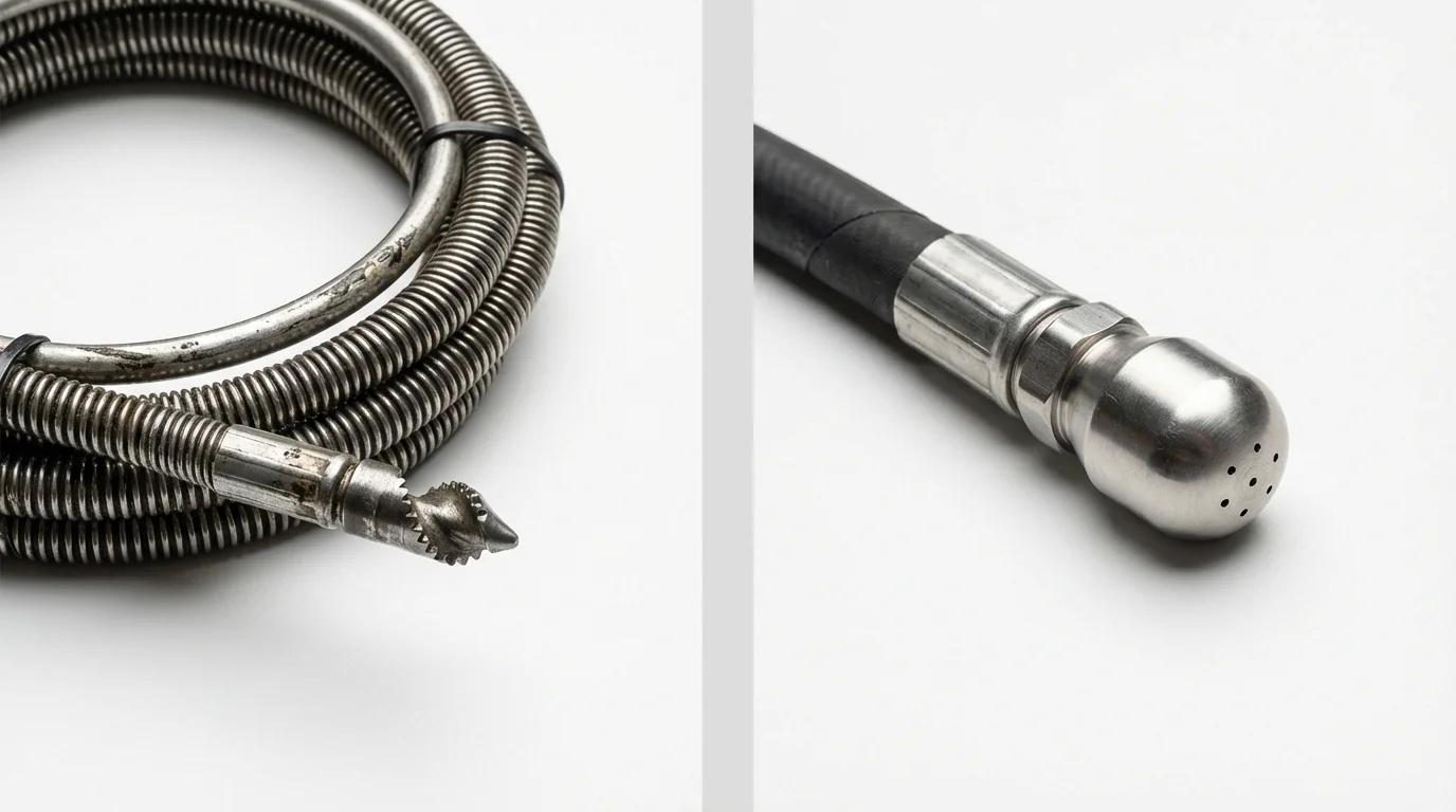 Drain snake cable and hydro jetting nozzle used for drain cleaning in Fairfield, IA