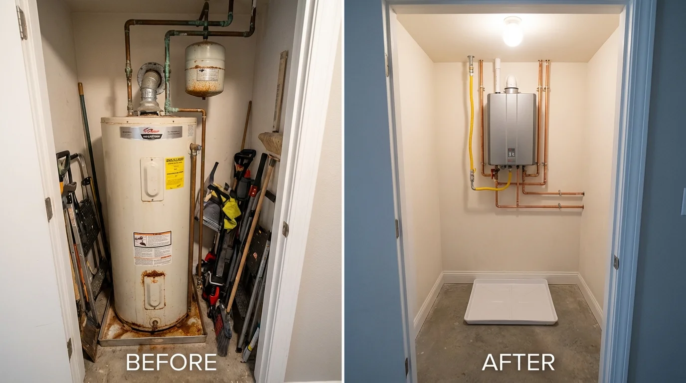 Tank water heater versus wall-mounted tankless unit comparison for Fairfield, IA homeowners