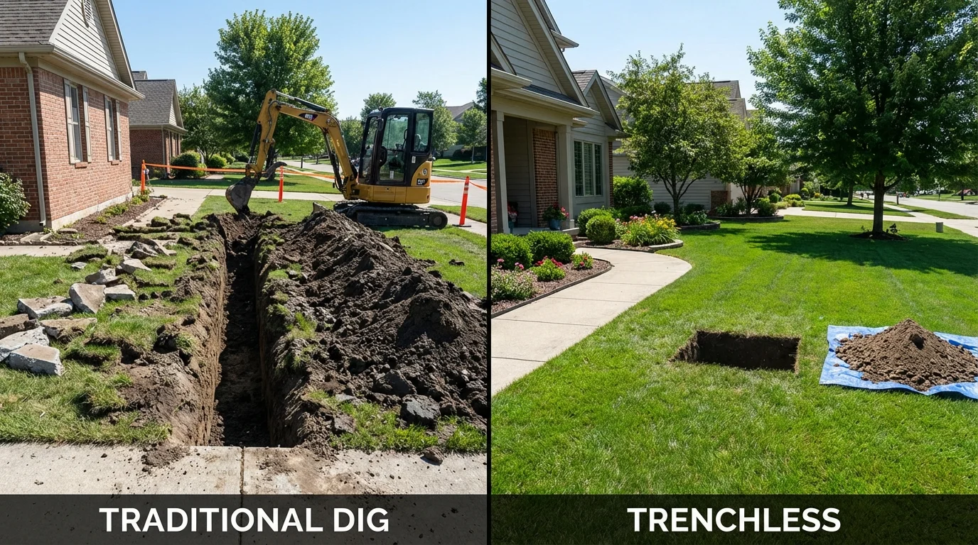 Trenchless sewer repair with minimal yard damage versus traditional excavation in Fairfield, IA