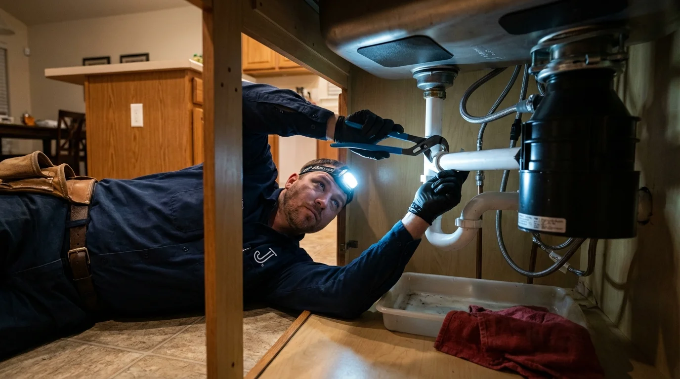 P-trap and supply line connections under a kitchen sink showing a common leak point in Fairfield, IA